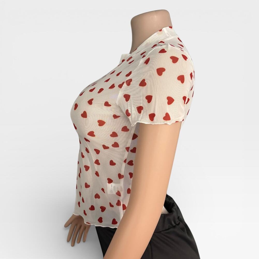 Allover Heart Mock Neck Mesh White Top - Picture 7 of 10